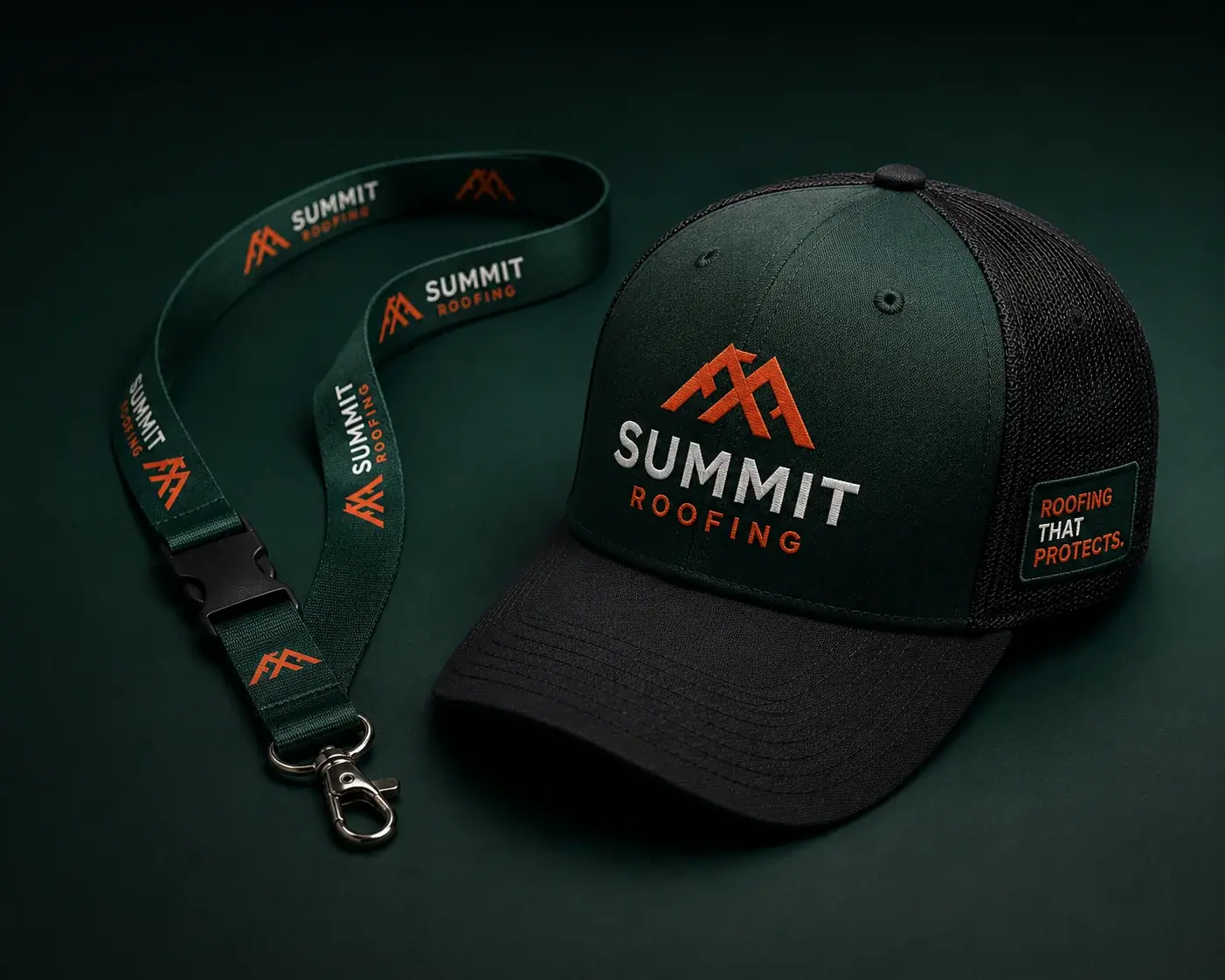 Example branded hat and lanyard mockup.
